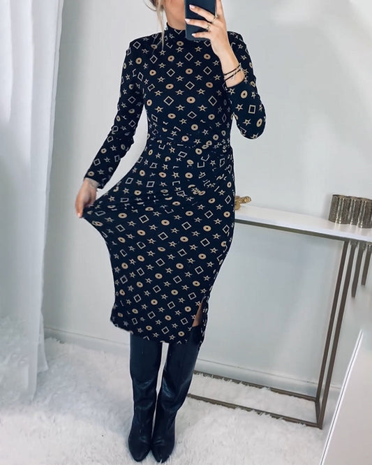 Elegantes, hochgeschlossenes Kleid mit geometrischem Print