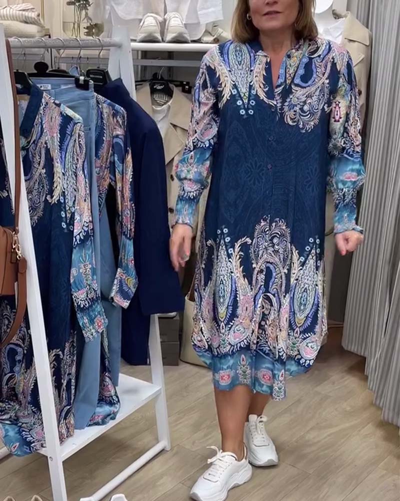 Lässiges Langarmkleid mit Vintage-Print