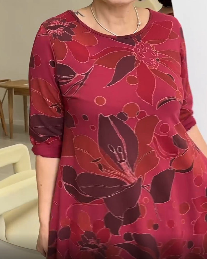 Lässiges Kleid mit Blumendruck und Rundhalsausschnitt