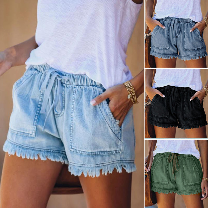 Einfarbige Lässige Denim-Shorts Mit Elastischer Taille