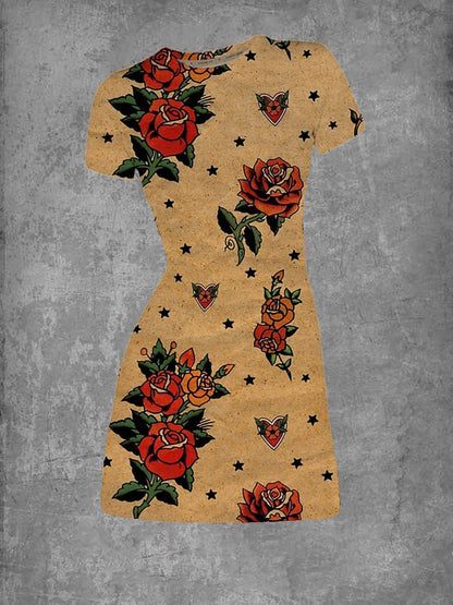 BlütenBliss® - Frauen Vintage alten Papier Rose Tattoos Rundhalsausschnitt T-Shirt Kleid