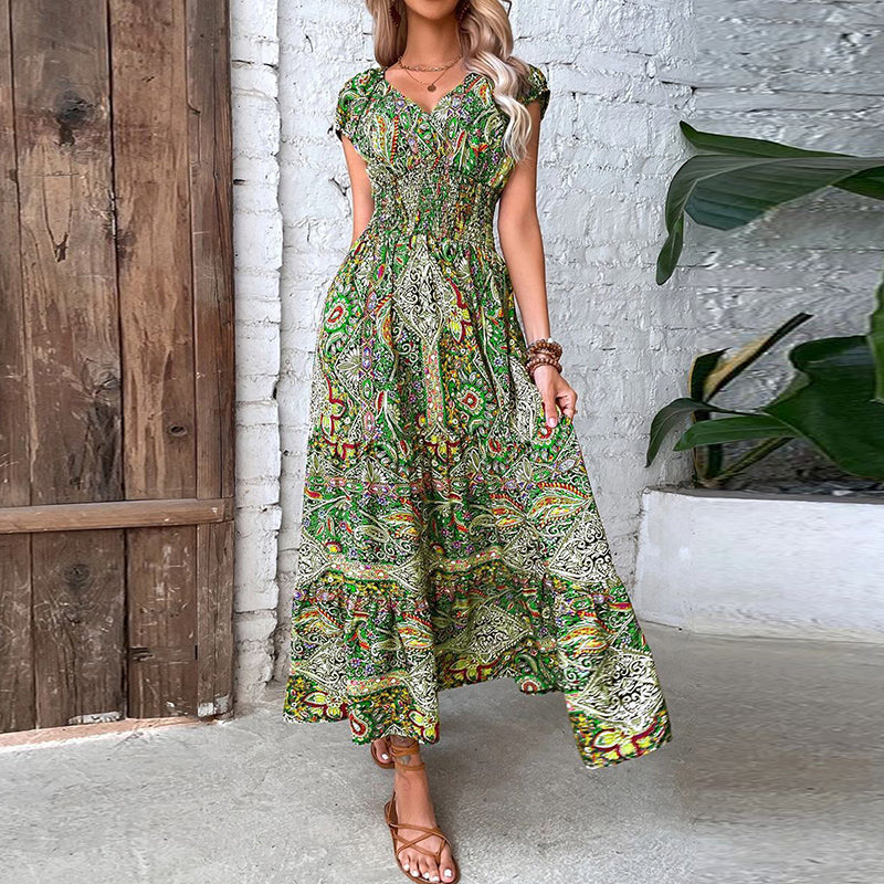 Elli – Elegantes Bohemian-Kleid mit elastischer Taille und V-Ausschnitt