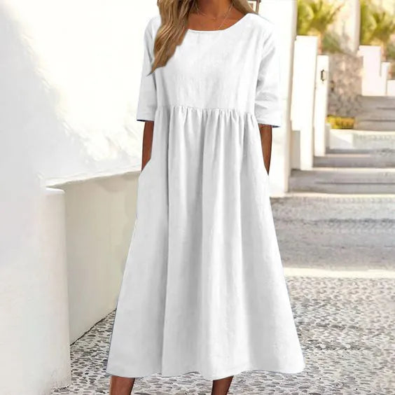 Alicia™- Round neck pocket cotton dress