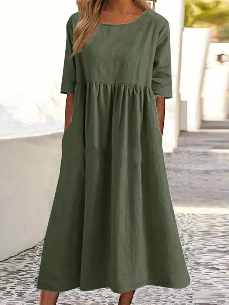 Alicia™- Round neck pocket cotton dress