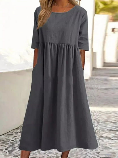 Alicia™- Round neck pocket cotton dress