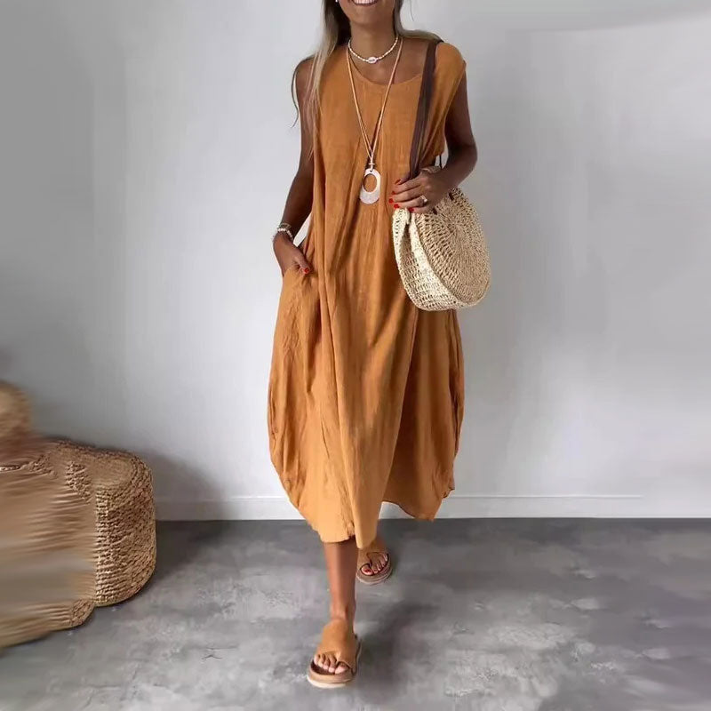 Sammy™ - Sleeveless everyday dress in cotton and linen with pocket